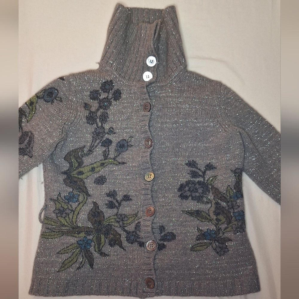 Gray Metallic 3/4 Sleeve Button-Front  Cardigan Sweater Blue Les Copain [1 DAY S